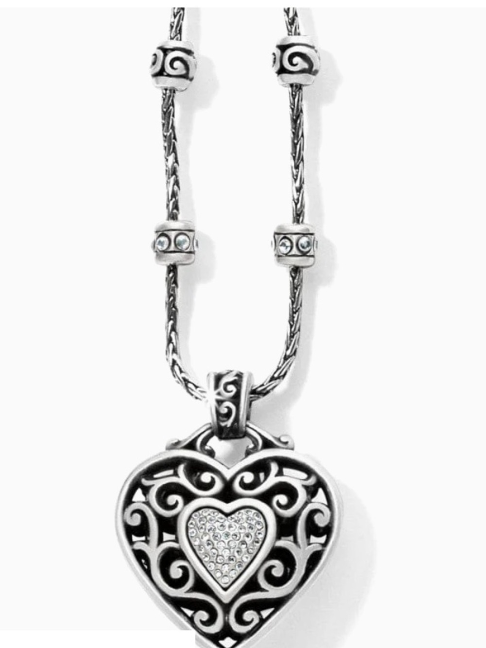 Brighton Reno Heart necklace reversible filigree pendant & clear crystal accents